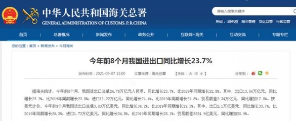 海关总署：今年前八个月我国进出口总值24.78万亿元 同比增长23.7%-1.jpg