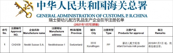 海关总署更新进口婴配乳品境外生产企业注册名单（瑞士、德国）-1.jpg